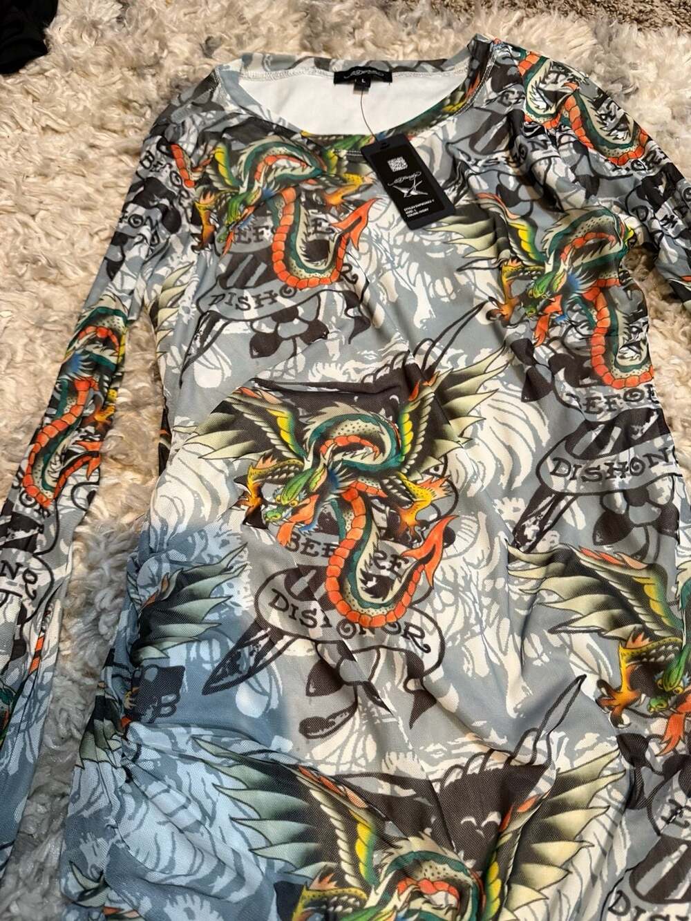 Ed Hardy Dragon Print Mesh Long Sleeve Mini Dress - Picture 5 of 5